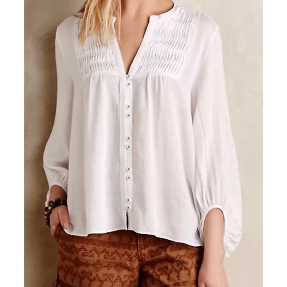 Maeve Anthropologie White Pintuck Peasant Blouse Staple Top Size Womens 0